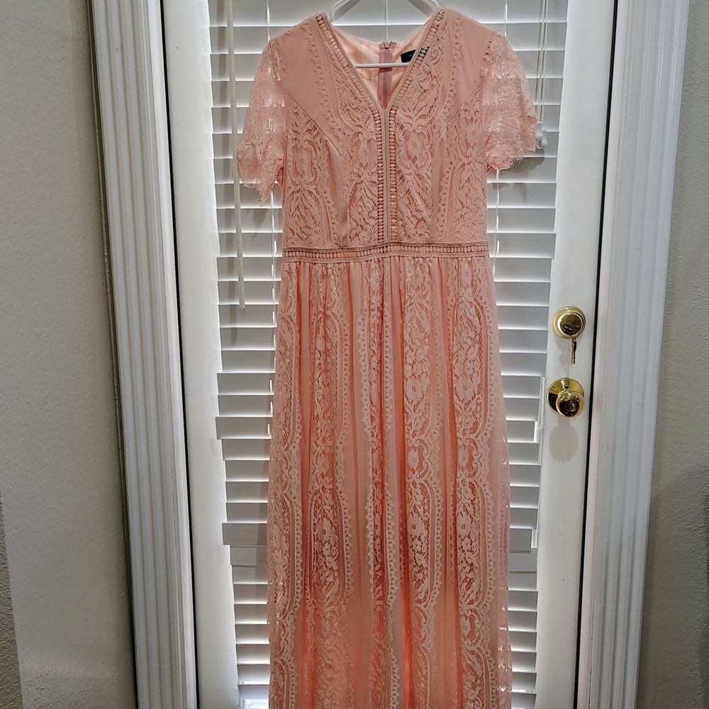Lace Maxi Dress Women Large Peach Pink V-Neck Short Sleeve Formal Wedding Guest